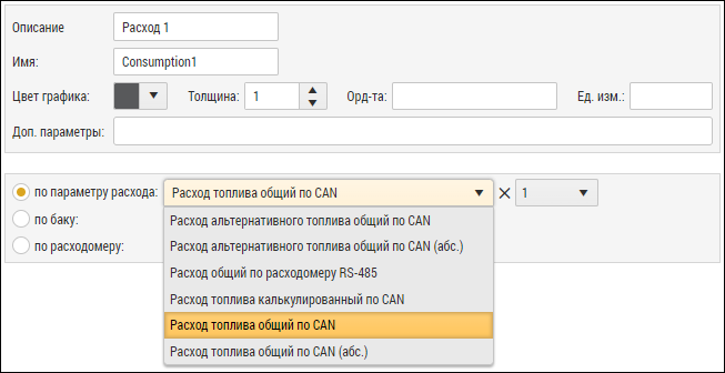 Настройки параметра расхода (источник данных по параметру расхода)