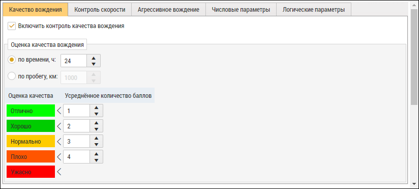 Настройки контроля качества вождения