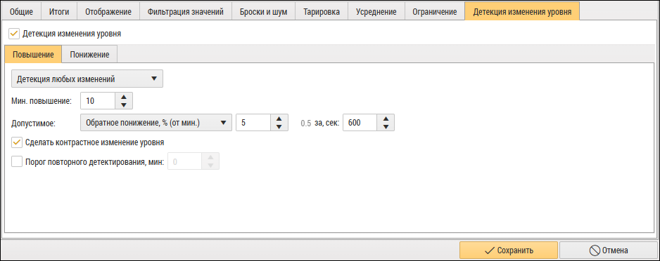 Вкладка «Детекция изменения уровня»