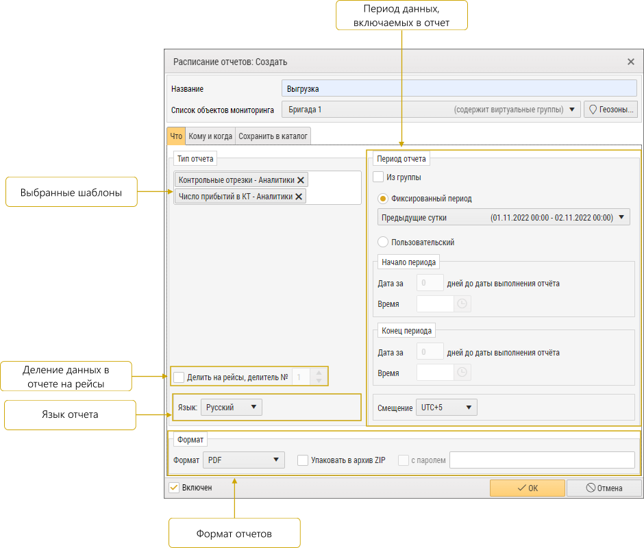 Тип, период и формат отчета