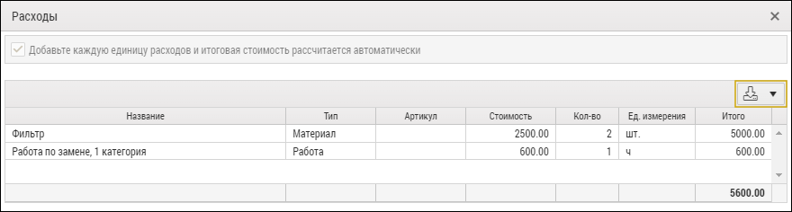 Окно просмотра фактических расходов на выполнение сервисной работы